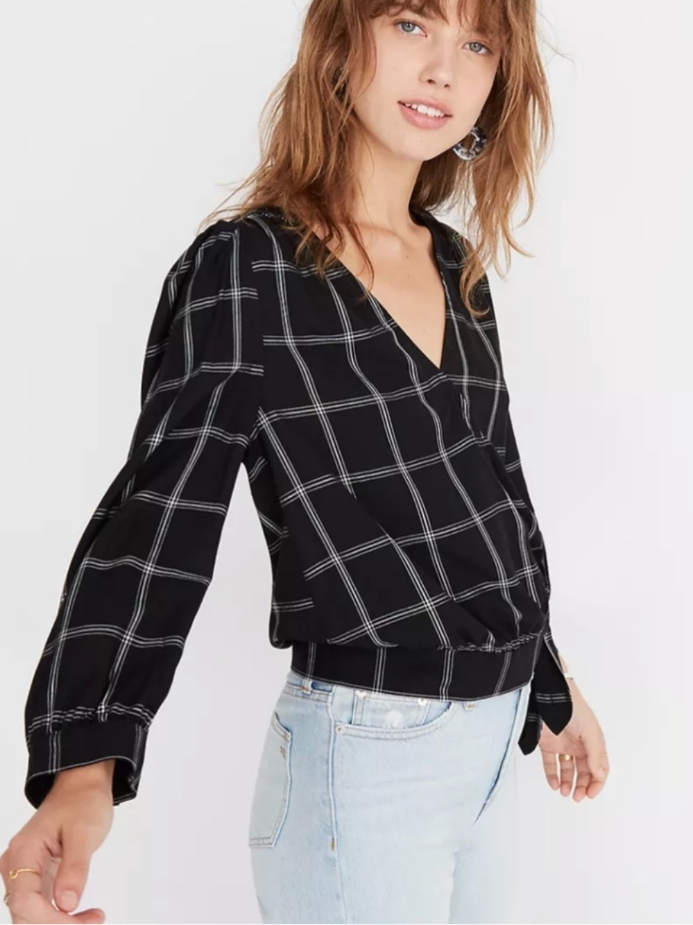 Madewell Windowpane Wrap Blouse Black White V-Neck Tie Hem Size Large